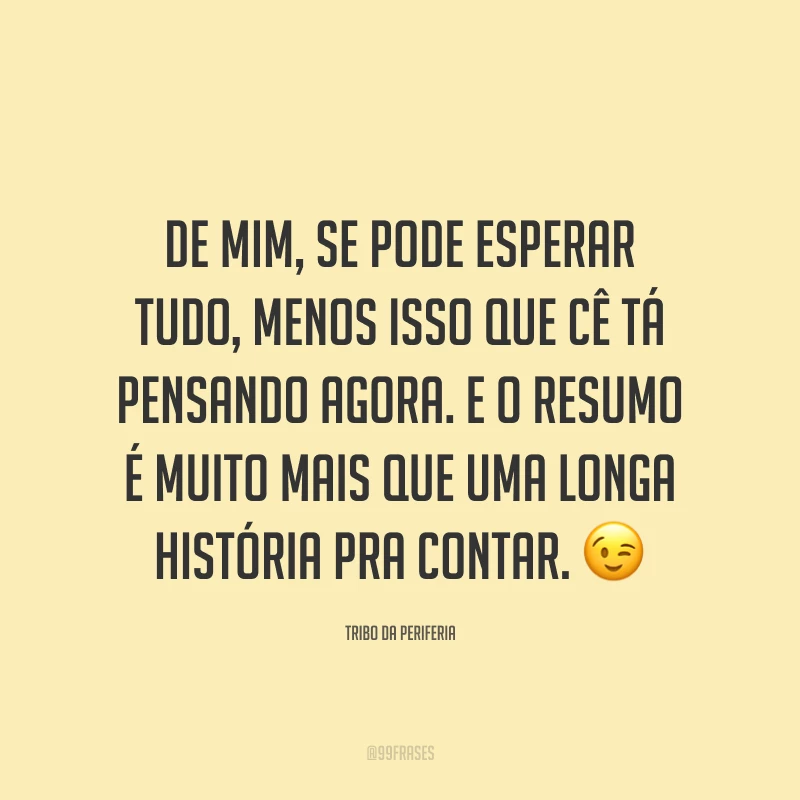 De mim, se pode esperar tudo, menos isso que cê tá pensando agora. E o resumo é muito mais que uma longa história pra contar. 😉