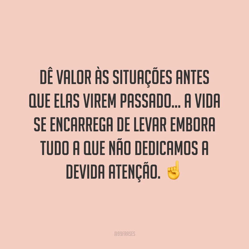 Dê valor às situações antes que elas virem passado… A vida se encarrega de levar embora tudo a que não dedicamos a devida atenção. ☝️