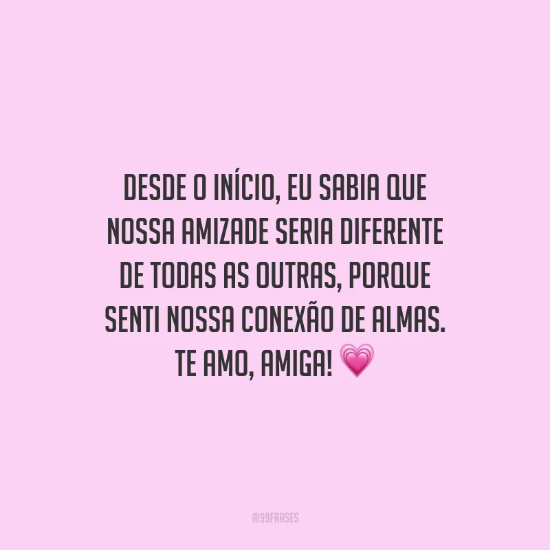 Desde o início, eu sabia que nossa amizade seria diferente de todas as outras, porque senti nossa conexão de almas. Te amo, amiga!