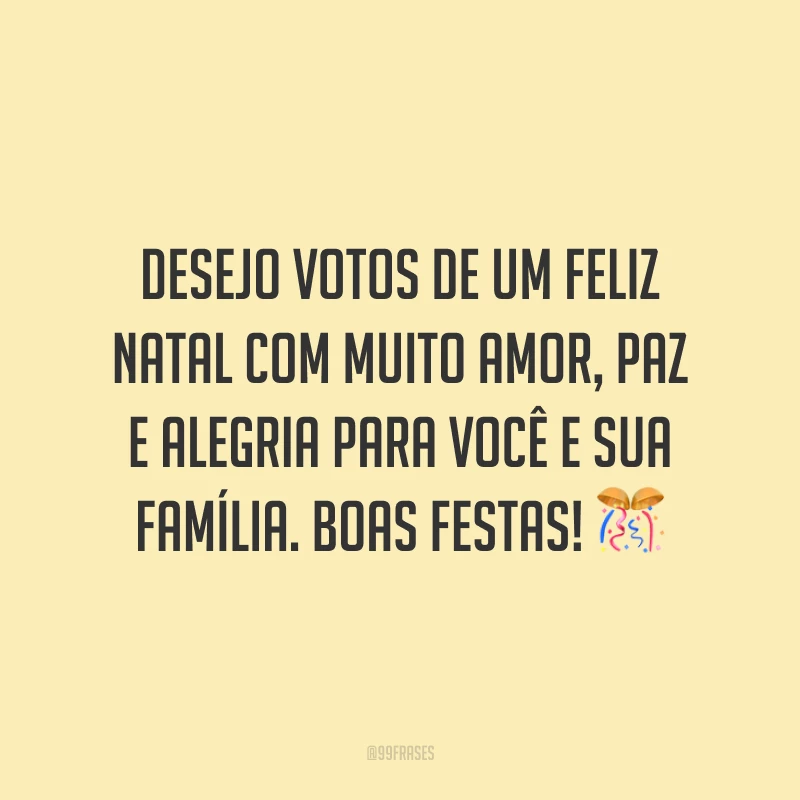 Desejo votos de um Feliz Natal com muito amor, paz e alegria para você e sua família. Boas Festas!