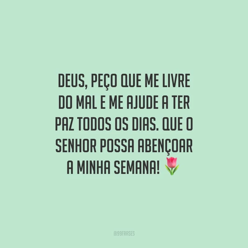 Deus, peço que me livre do mal e me ajude a ter paz todos os dias. Que o Senhor possa abençoar a minha semana!