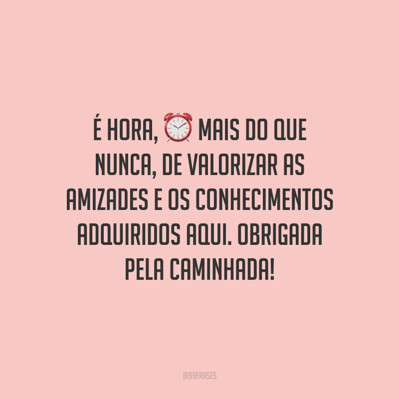 É hora, mais do que nunca, de valorizar as amizades e os conhecimentos adquiridos aqui. Obrigada pela caminhada!