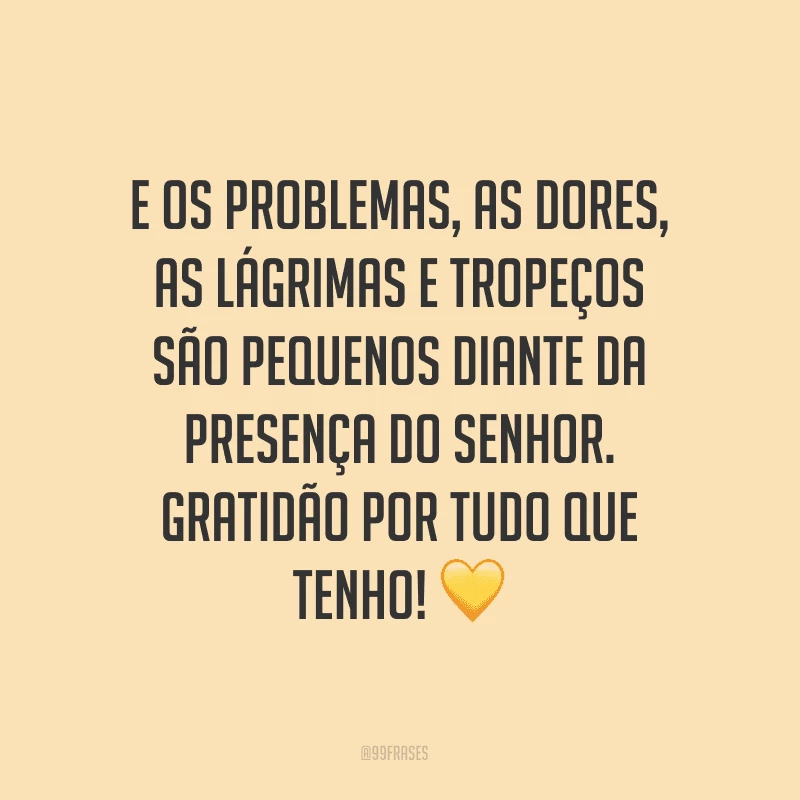 E os problemas, as dores, as lágrimas e tropeços são pequenos diante da presença do Senhor. Gratidão por tudo que tenho!
