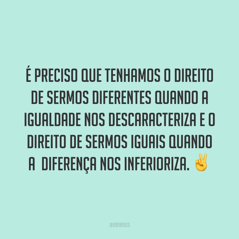 É preciso que tenhamos o direito de sermos diferentes quando a igualdade nos descaracteriza e o direito de sermos iguais quando a diferença nos inferioriza. ✌️