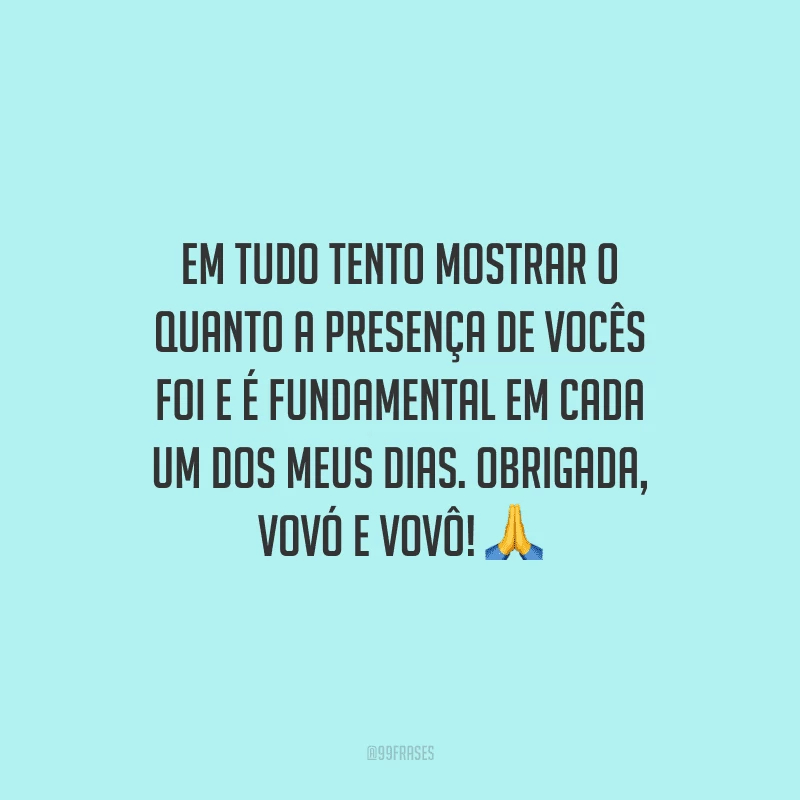 Em tudo tento mostrar o quanto a presença de vocês foi e é fundamental em cada um dos meus dias. Obrigada, vovó e vovô!
