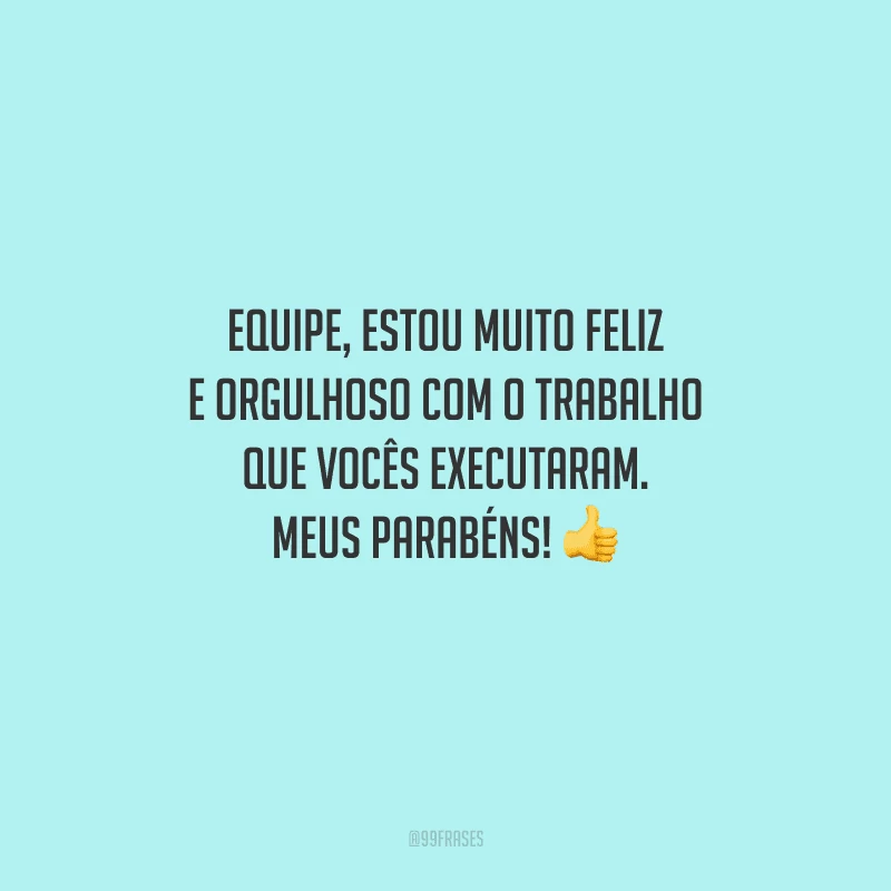 Equipe, estou muito feliz e orgulhoso com o trabalho que vocês executaram. Meus parabéns! 