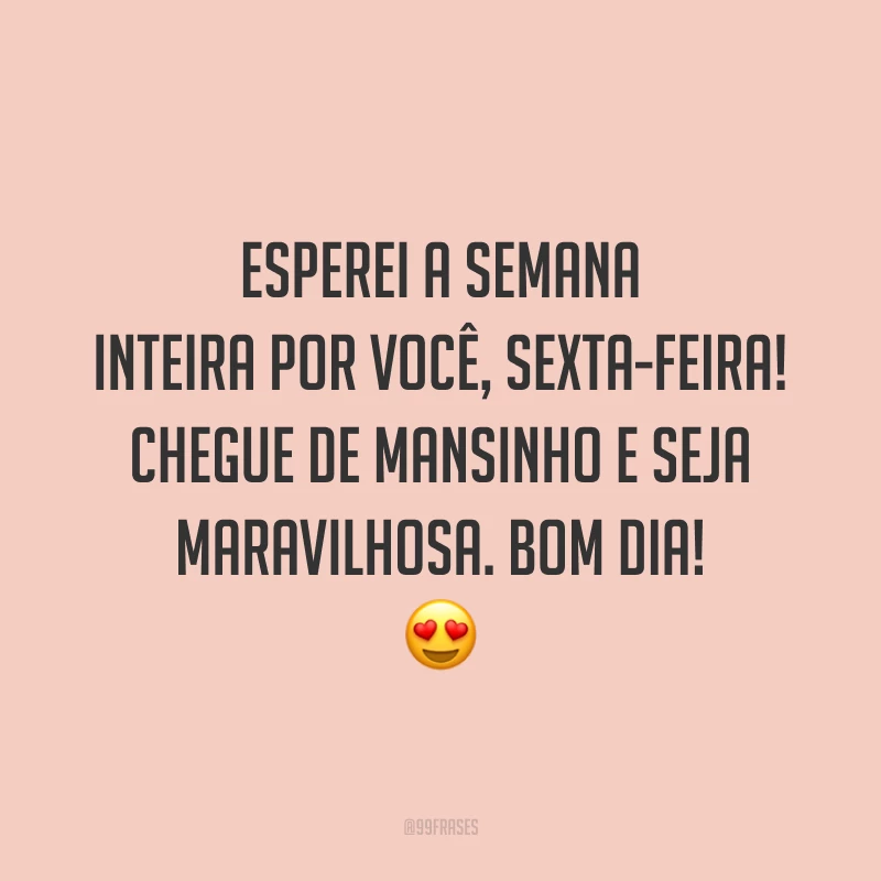 Esperei a semana inteira por você, sexta-feira! Chegue de mansinho e seja maravilhosa. Bom dia!