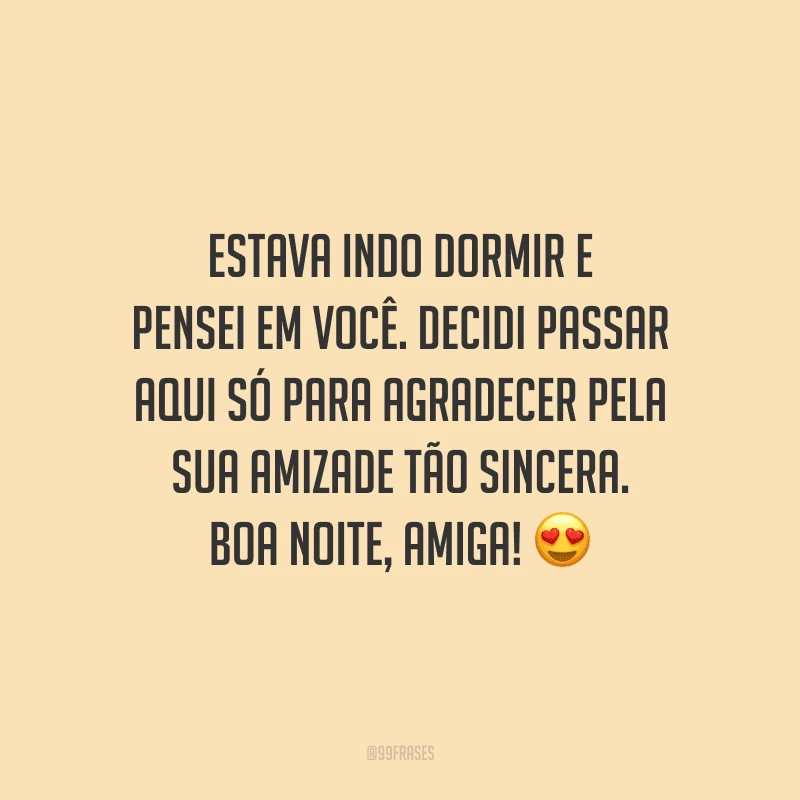 Estava indo dormir e pensei em você. Decidi passar aqui só para agradecer pela sua amizade tão sincera. Boa noite, amiga!