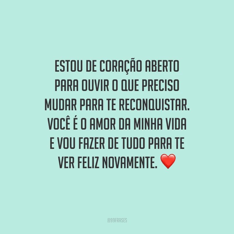 Estou de coração aberto para ouvir o que preciso mudar para te reconquistar. Você é o amor da minha vida e vou fazer de tudo para te ver feliz novamente. 