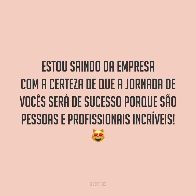 Estou saindo da empresa com a certeza de que a jornada de vocês será de sucesso porque são pessoas e profissionais incríveis! 😻