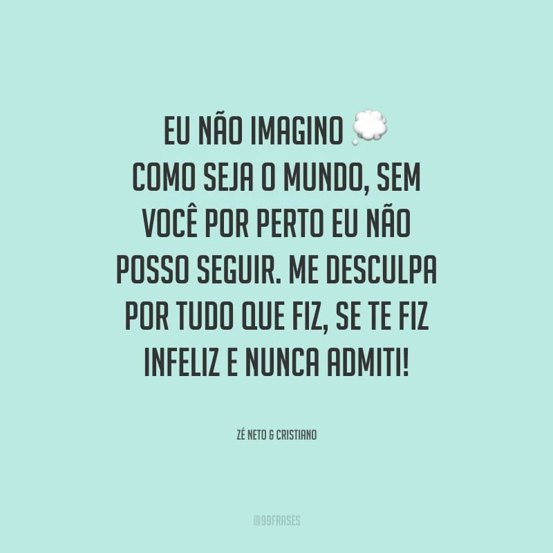 Eu não imagino como seja o mundo, sem você por perto eu não posso seguir. Me desculpa por tudo que fiz, se te fiz infeliz e nunca admiti!