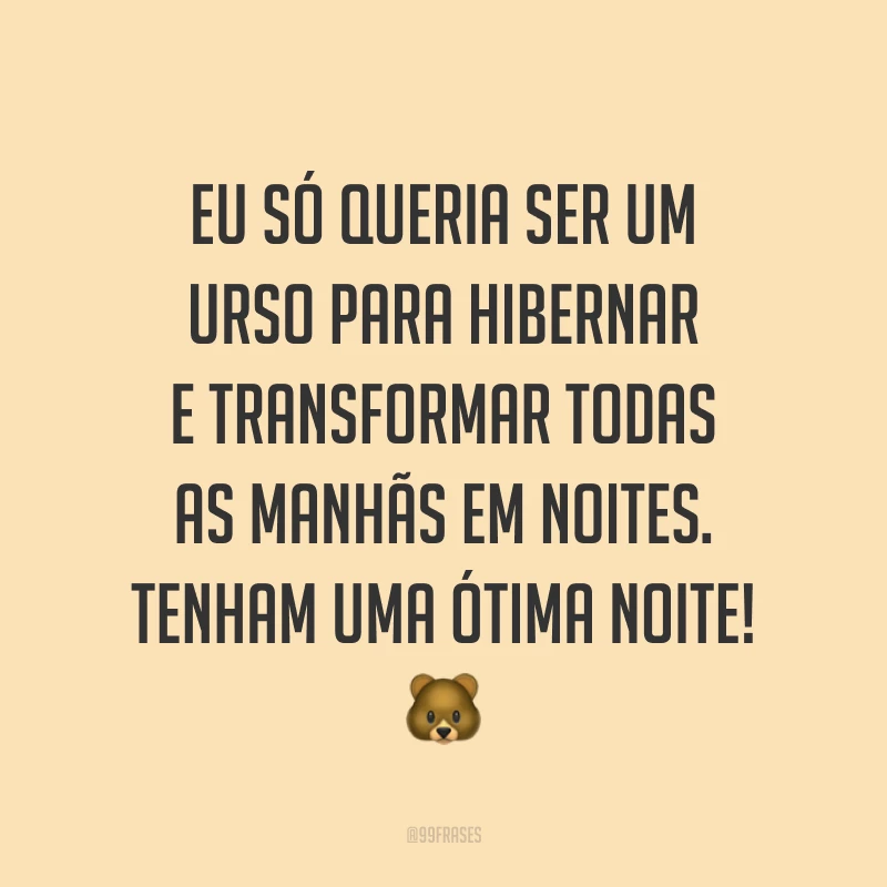 Eu só queria ser um urso para hibernar e transformar todas as manhãs em noites. Tenham uma ótima noite! ?