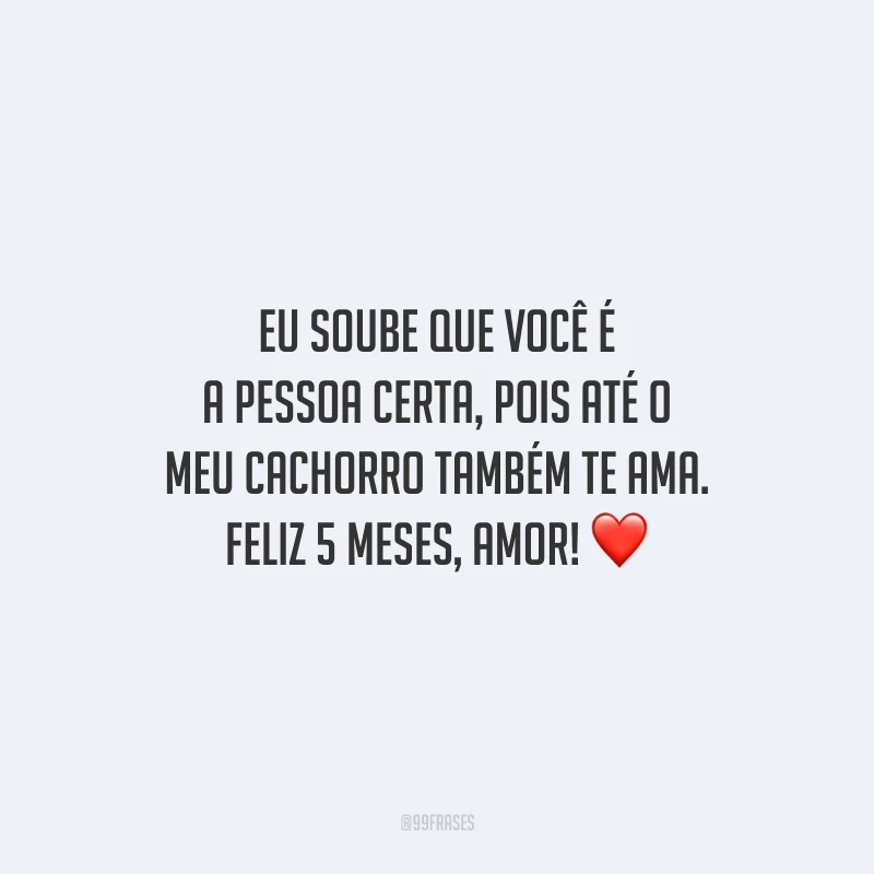Eu soube que você é a pessoa certa, pois até o meu cachorro também te ama. Feliz 5 meses, amor!