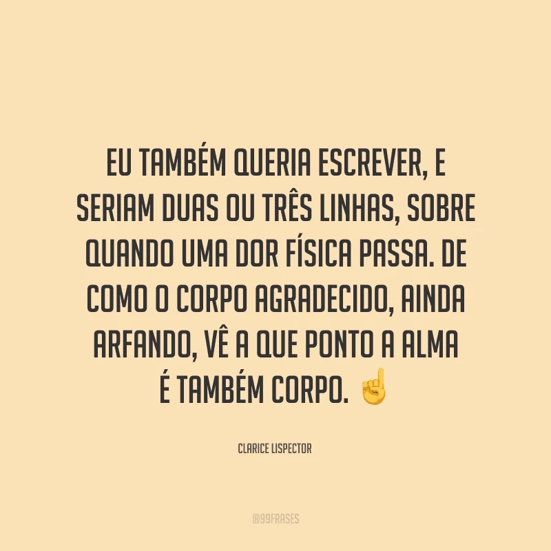 Eu também queria escrever, e seriam duas ou três linhas, sobre quando uma dor física passa. De como o corpo agradecido, ainda arfando, vê a que ponto a alma é também corpo.