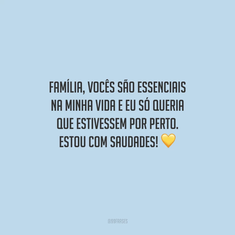 Família, vocês são essenciais na minha vida e eu só queria que estivessem por perto. Estou com saudades! 