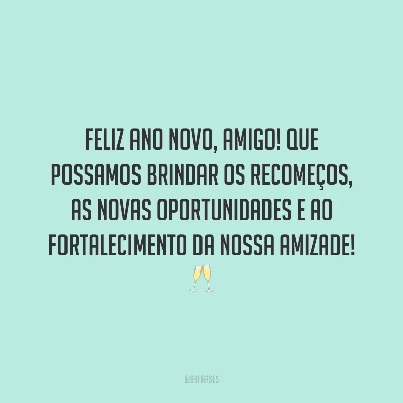 Feliz Ano Novo, amigo! Que possamos brindar os recomeços, as novas oportunidades e ao fortalecimento da nossa amizade!