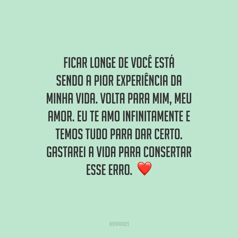 Ficar longe de você está sendo a pior experiência da minha vida. Volta para mim, meu amor. Eu te amo infinitamente e temos tudo para dar certo. Gastarei a vida para consertar esse erro.  