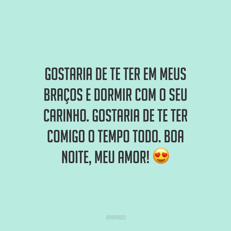 Gostaria de te ter em meus braços e dormir com o seu carinho. Gostaria de te ter comigo o tempo todo. Boa noite, meu amor! 