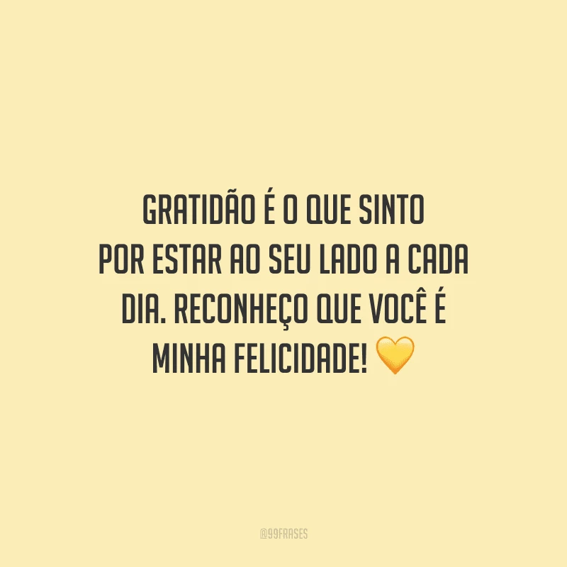 Gratidão é o que sinto por estar ao seu lado a cada dia. Reconheço que você é minha felicidade!