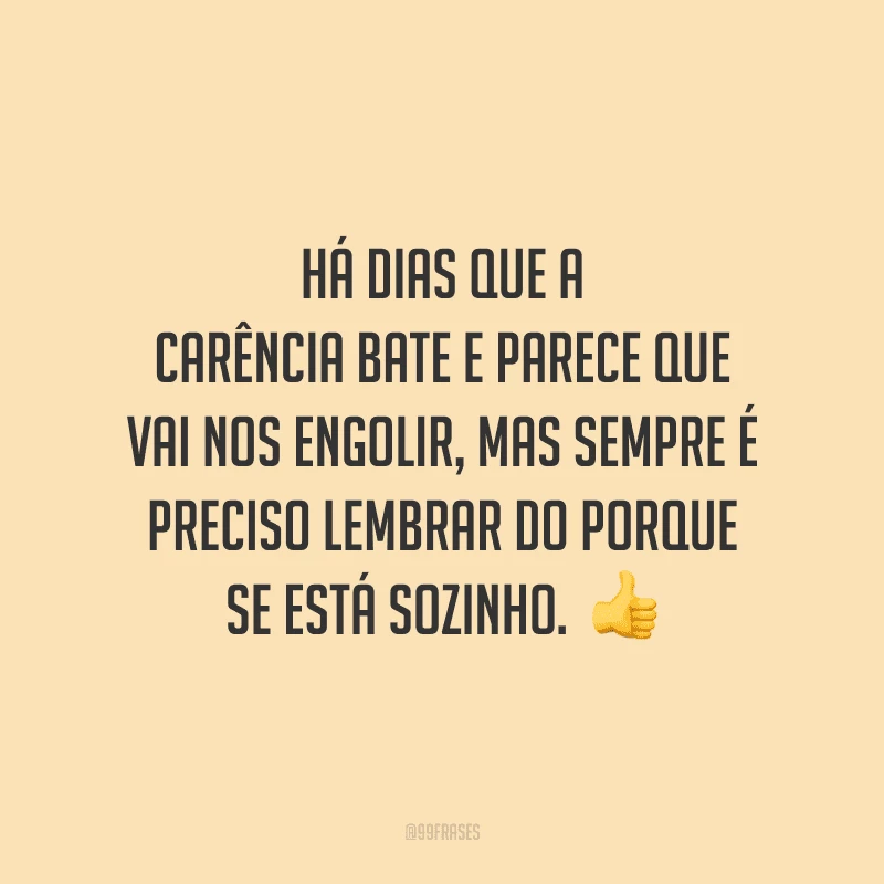 Há dias que a carência bate e parece que vai nos engolir, mas sempre é preciso lembrar do porque se está sozinho. 