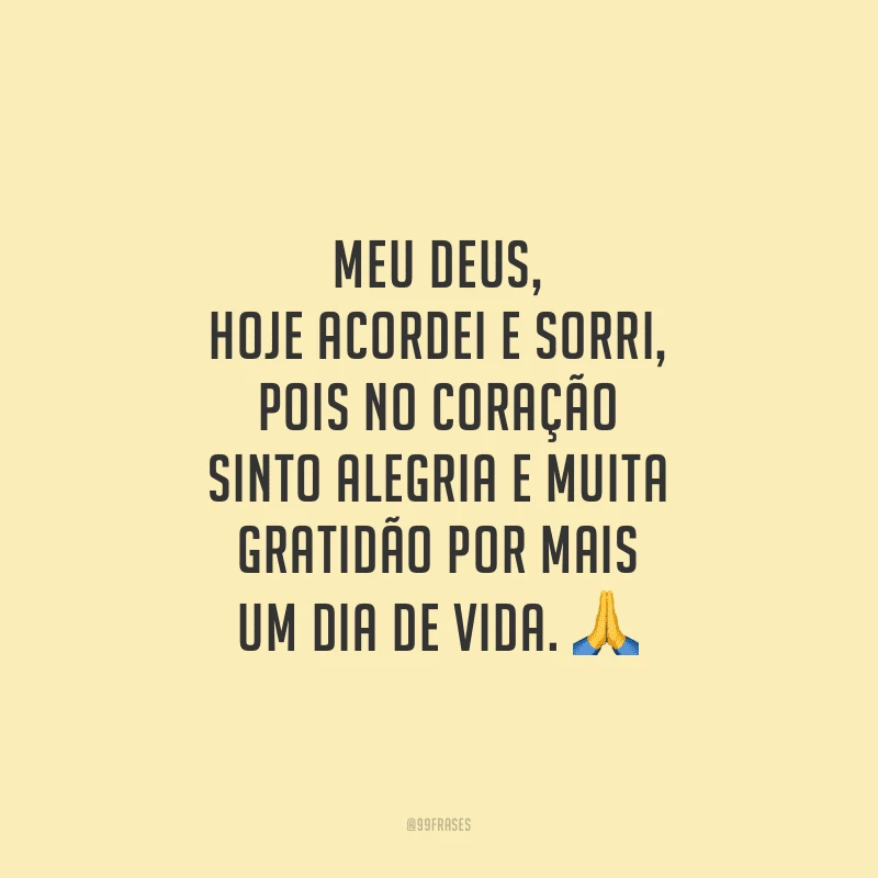 Meu Deus, hoje acordei e sorri, pois no coração sinto alegria e muita gratidão por mais um dia de vida.