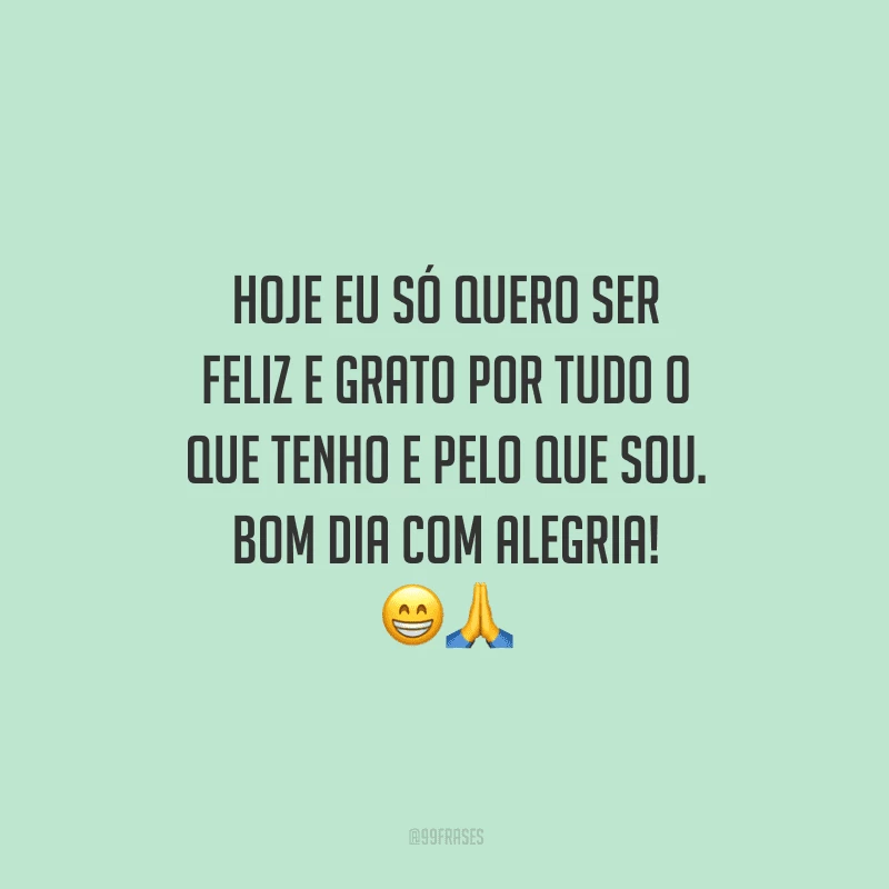 Hoje eu só quero ser feliz e grato por tudo o que tenho e pelo que sou. Bom dia com alegria!