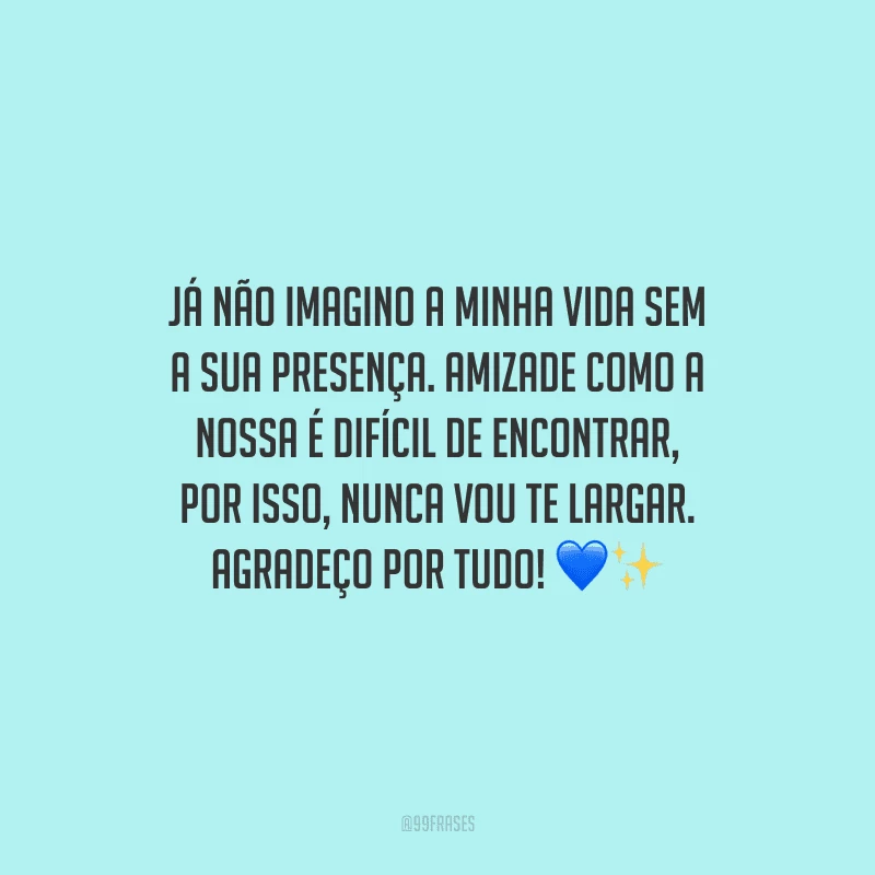 Já não imagino a minha vida sem a sua presença. Amizade como a nossa é difícil de encontrar, por isso, nunca vou te largar. Agradeço por tudo!