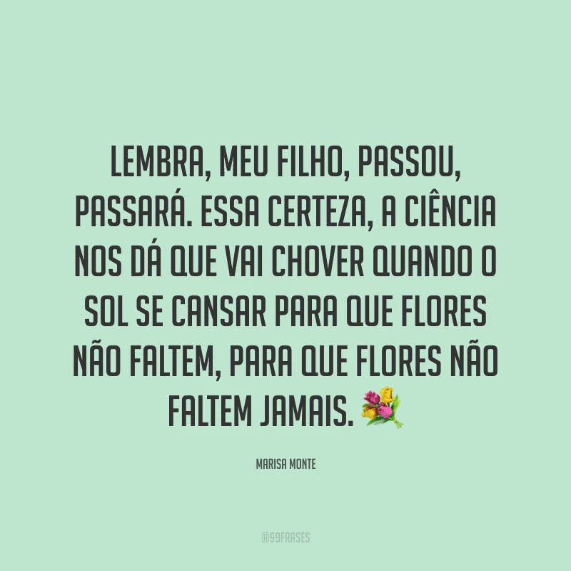 Lembra, meu filho, passou, passará. Essa certeza, a ciência nos dá que vai chover quando o sol se cansar para que flores não faltem, para que flores não faltem jamais. ?