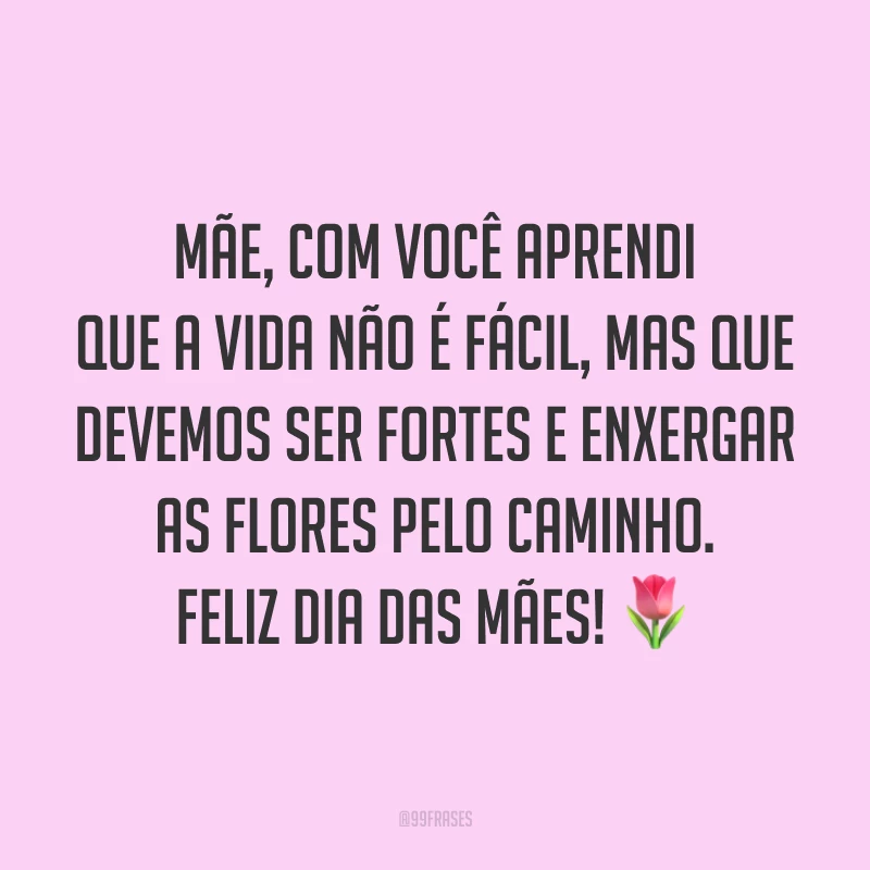 Mãe, com você aprendi que a vida não é fácil, mas que devemos ser fortes e enxergar as flores pelo caminho. Feliz Dia das Mães! ?