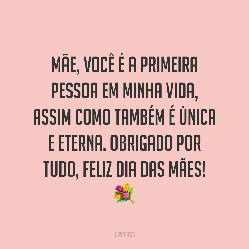 Mãe, você é a primeira pessoa em minha vida, assim como também é única e eterna. Obrigado por tudo, Feliz Dia das Mães! ?