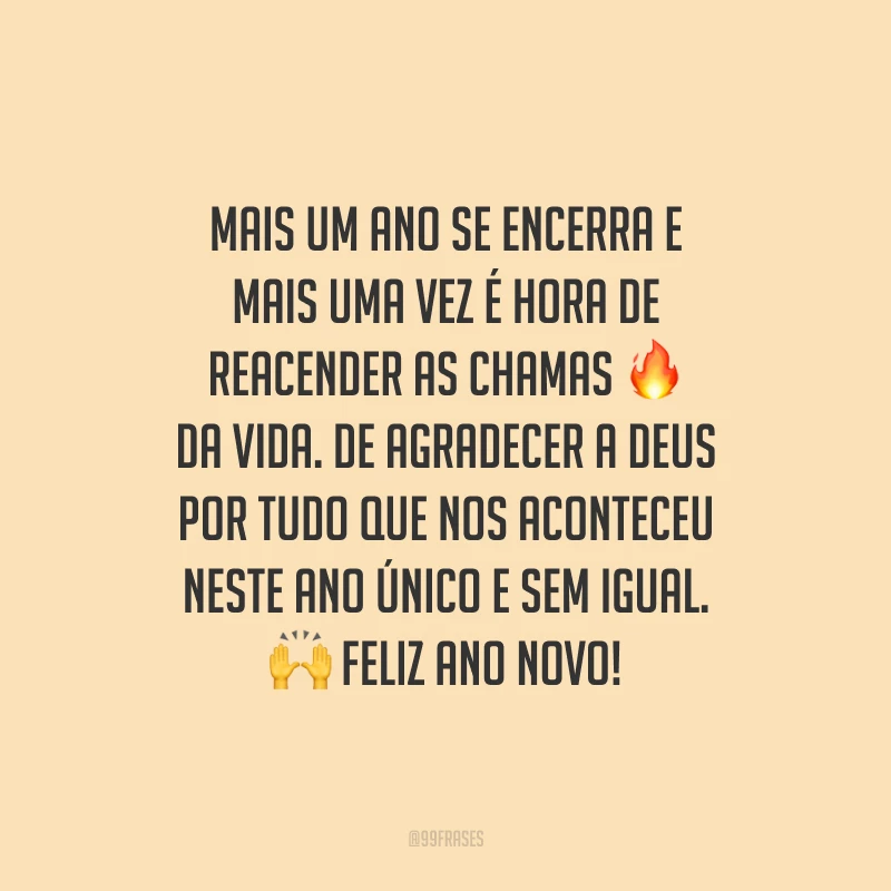 Mais um ano se encerra e mais uma vez é hora de reacender as chamas da vida. De agradecer a Deus por tudo que nos aconteceu neste ano único e sem igual. Feliz Ano Novo!