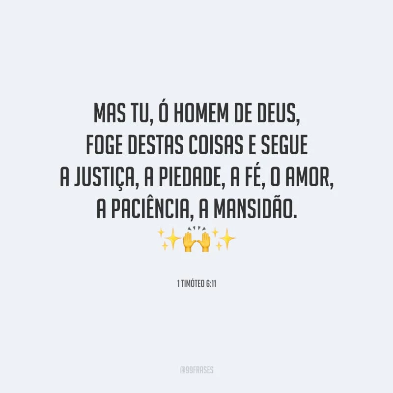 Mas tu, ó homem de Deus, foge destas coisas e segue a justiça, a piedade, a fé, o amor, a paciência, a mansidão.
