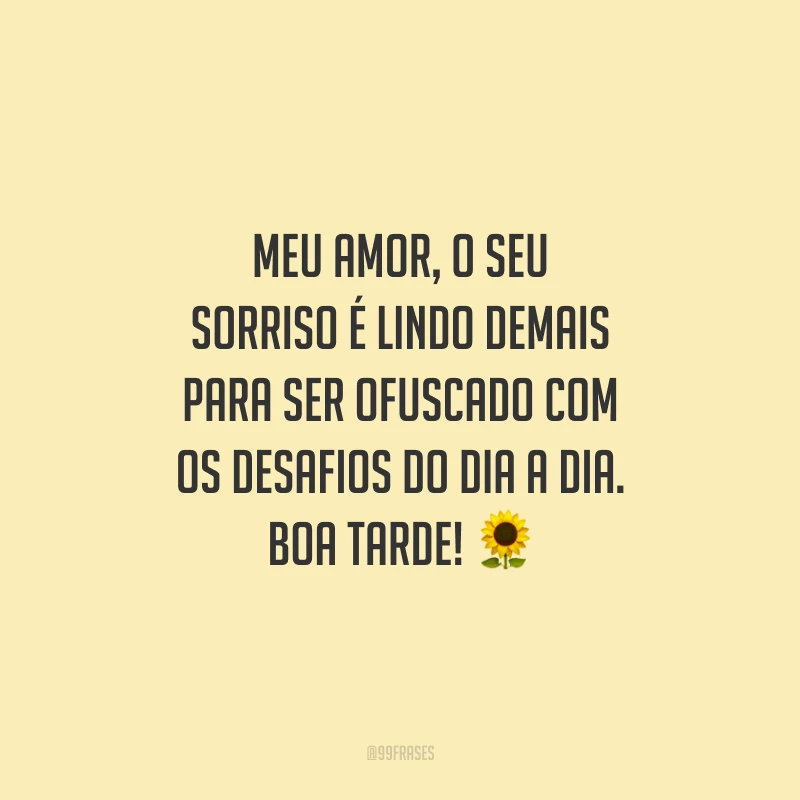 Meu amor, o seu sorriso é lindo demais para ser ofuscado com os desafios do dia a dia. Boa tarde!