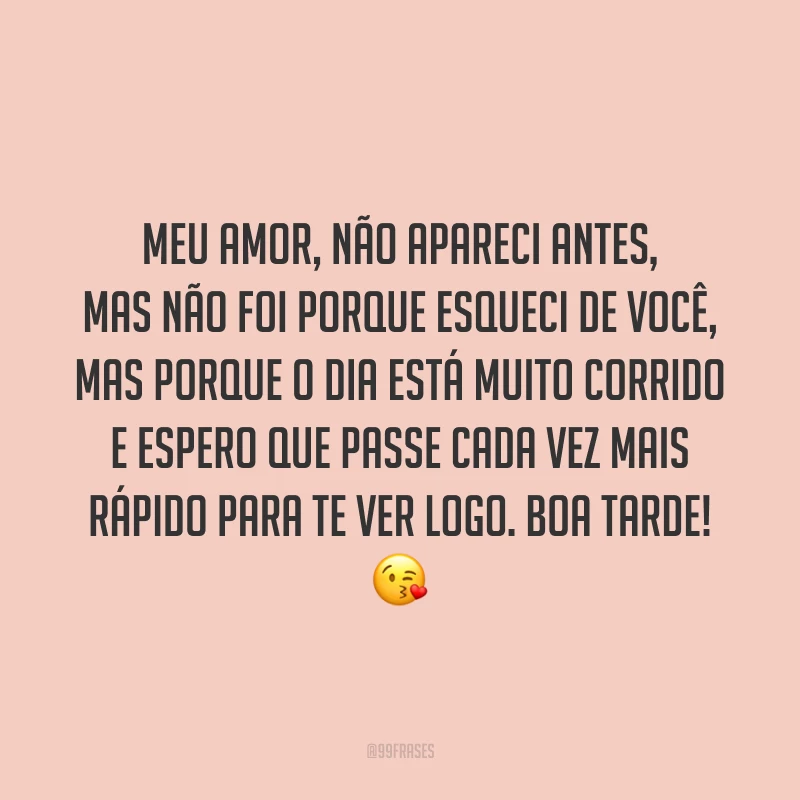 Meu amor, não apareci antes, mas não foi porque esqueci de você, mas porque o dia está muito corrido e espero que passe cada vez mais rápido para te ver logo. Boa tarde! 😘