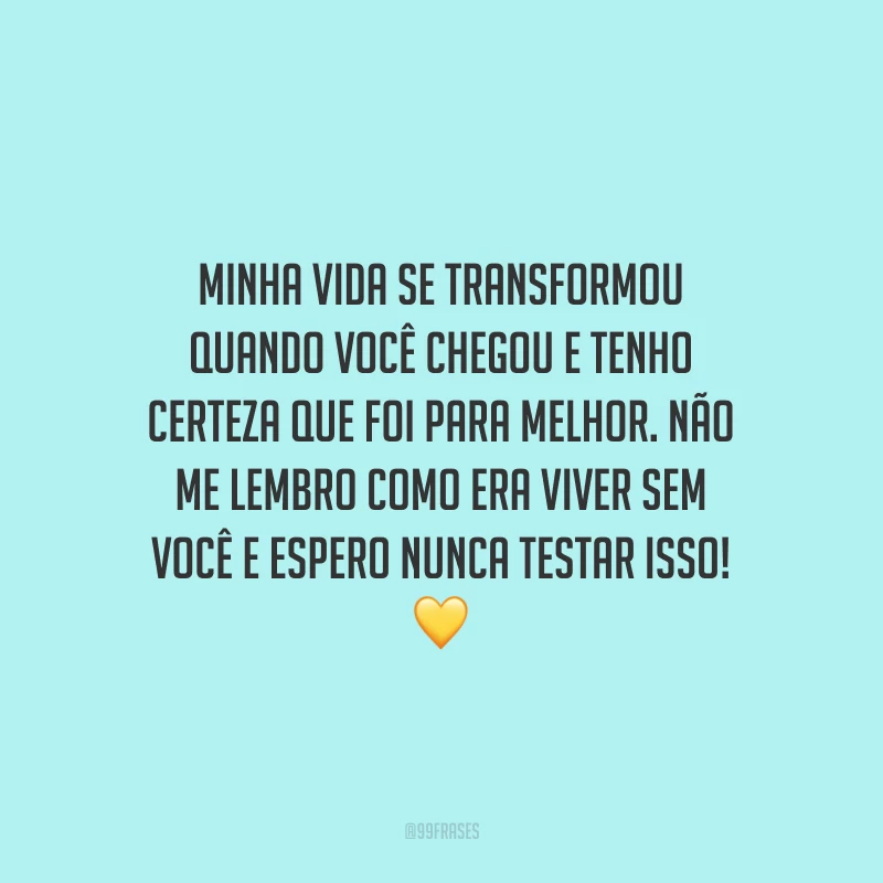 Minha vida se transformou quando você chegou e tenho certeza que foi para melhor. Não me lembro como era viver sem você e espero nunca testar isso!