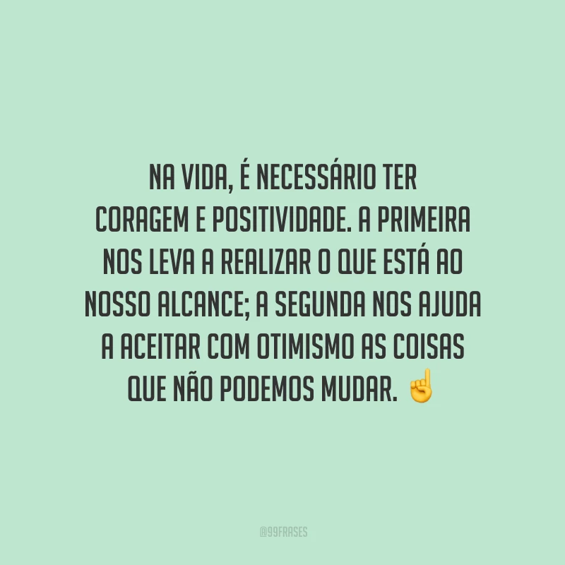 Na vida, é necessário ter coragem e positividade. A primeira nos leva a realizar o que está ao nosso alcance; a segunda nos ajuda a aceitar com otimismo as coisas que não podemos mudar.