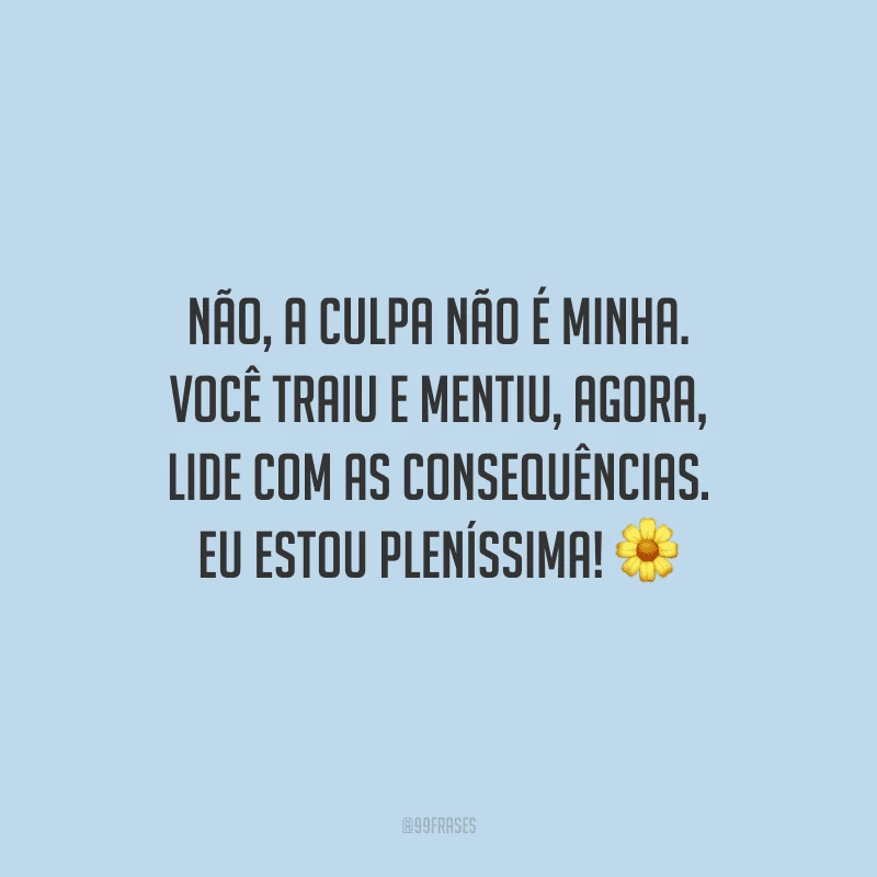 Não, a culpa não é minha. Você traiu e mentiu, agora, lide com as consequências. Eu estou pleníssima!