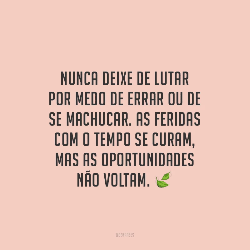 Nunca deixe de lutar por medo de errar ou de se machucar. As feridas com o tempo se curam, mas as oportunidades não voltam.