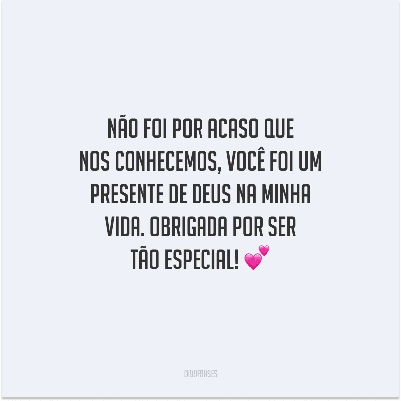 Não foi por acaso que nos conhecemos, você foi um presente de Deus na minha vida. Obrigada por ser tão especial! 