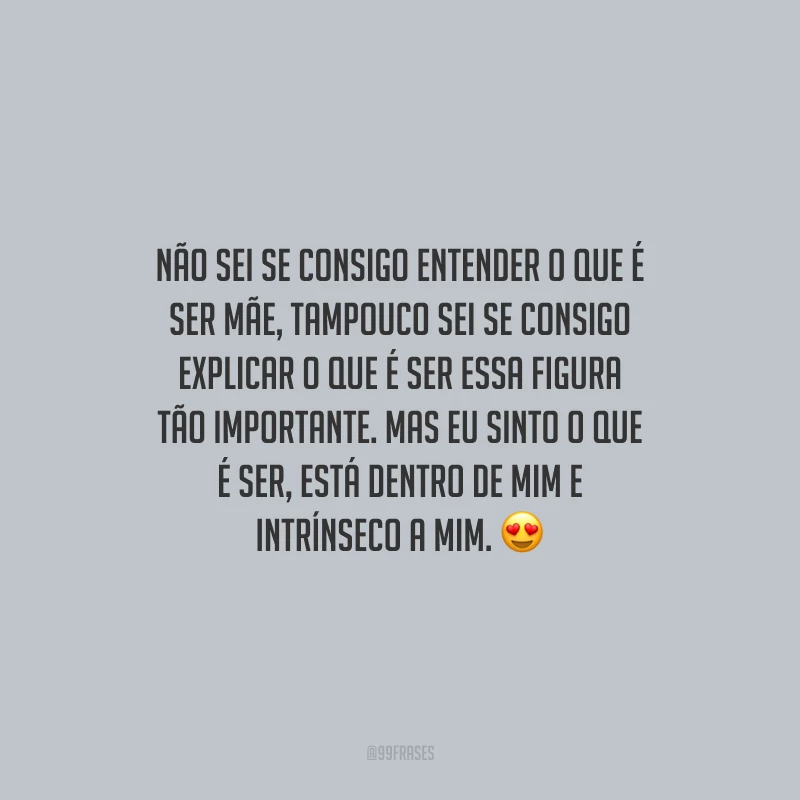 Não sei se consigo entender o que é ser mãe, tampouco sei se consigo explicar o que é ser essa figura tão importante. Mas eu sinto o que é ser, está dentro de mim e intrínseco a mim. 