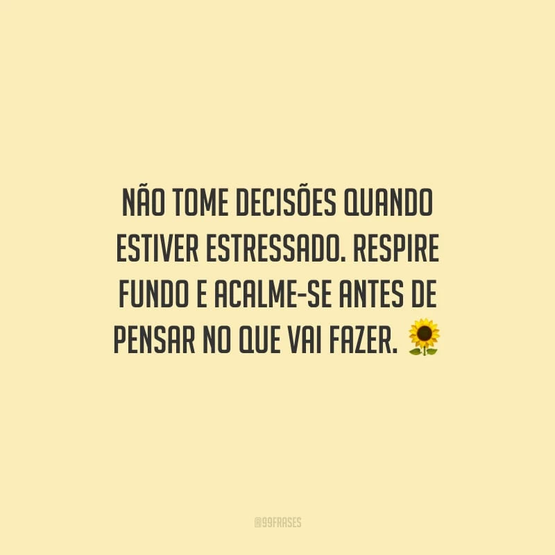 Não tome decisões quando estiver estressado. Respire fundo e acalme-se antes de pensar no que vai fazer.