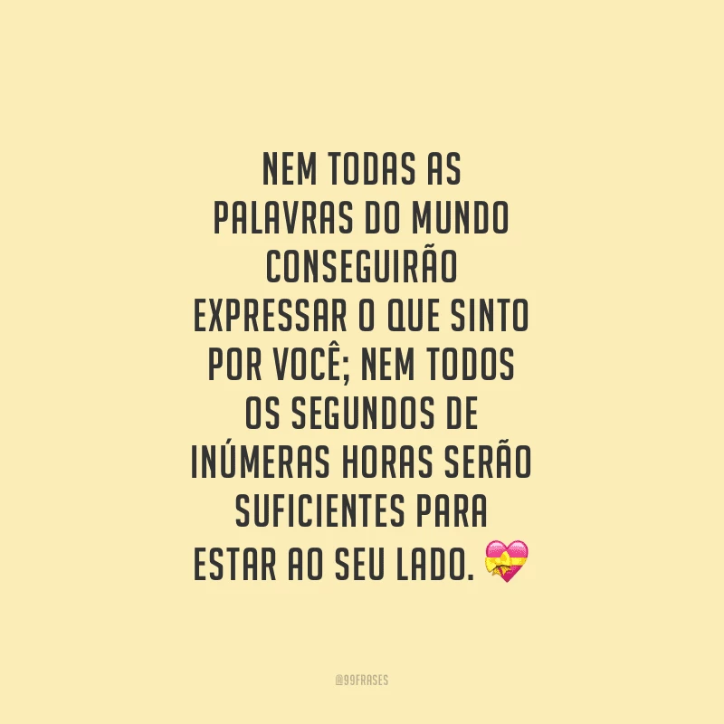 Nem todas as palavras do mundo conseguirão expressar o que sinto por você; nem todos os segundos de inúmeras horas serão suficientes para estar ao seu lado.