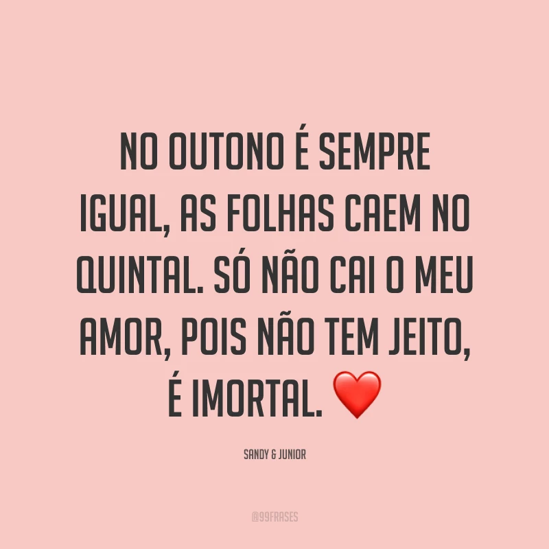 No outono é sempre igual, as folhas caem no quintal. Só não cai o meu amor, pois não tem jeito, é imortal. ❤