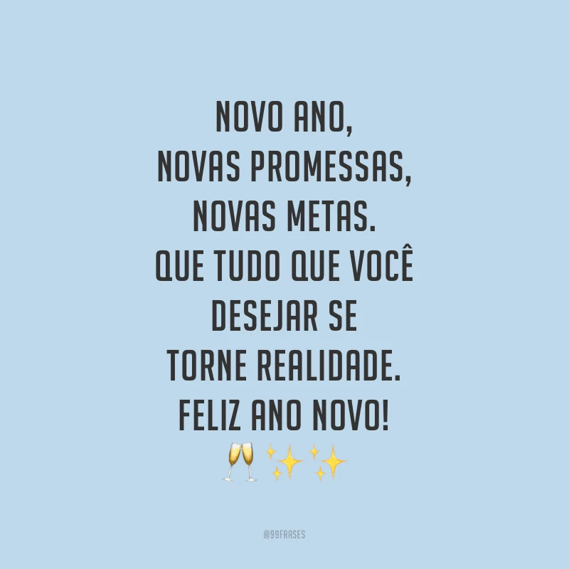 Novo ano, novas promessas, novas metas. Que tudo que você desejar se torne realidade. Feliz Ano Novo!