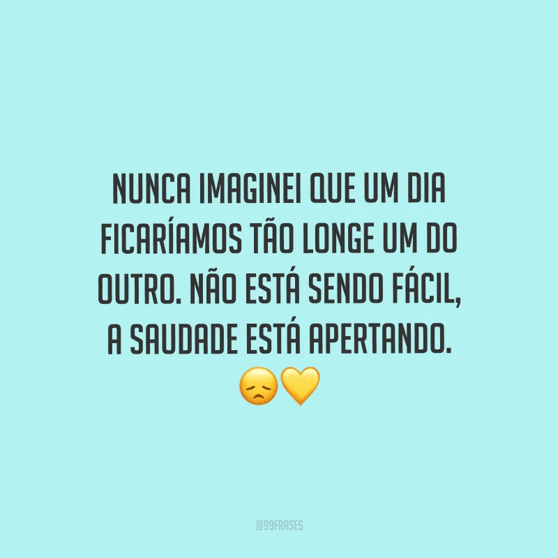 Nunca imaginei que um dia ficaríamos tão longe um do outro. Não está sendo fácil, a saudade está apertando.
