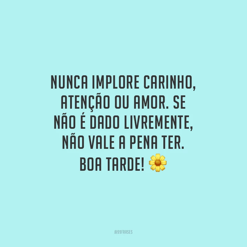 Nunca implore carinho, atenção ou amor. Se não é dado livremente, não vale a pena ter. Boa tarde!