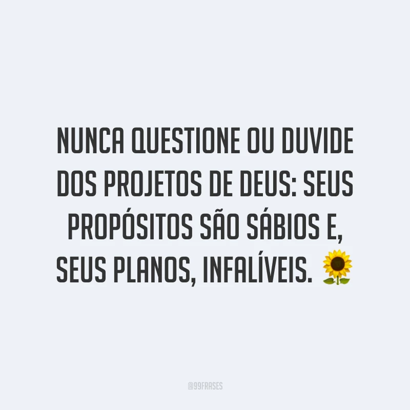 Nunca questione ou duvide dos projetos de Deus: seus propósitos são sábios e, seus planos, infalíveis. 🌻
