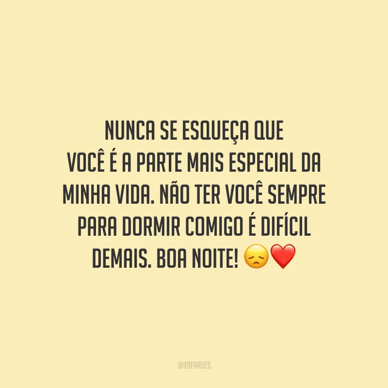 Nunca se esqueça que você é a parte mais especial da minha vida. Não ter você sempre para dormir comigo é difícil demais. Boa noite! 