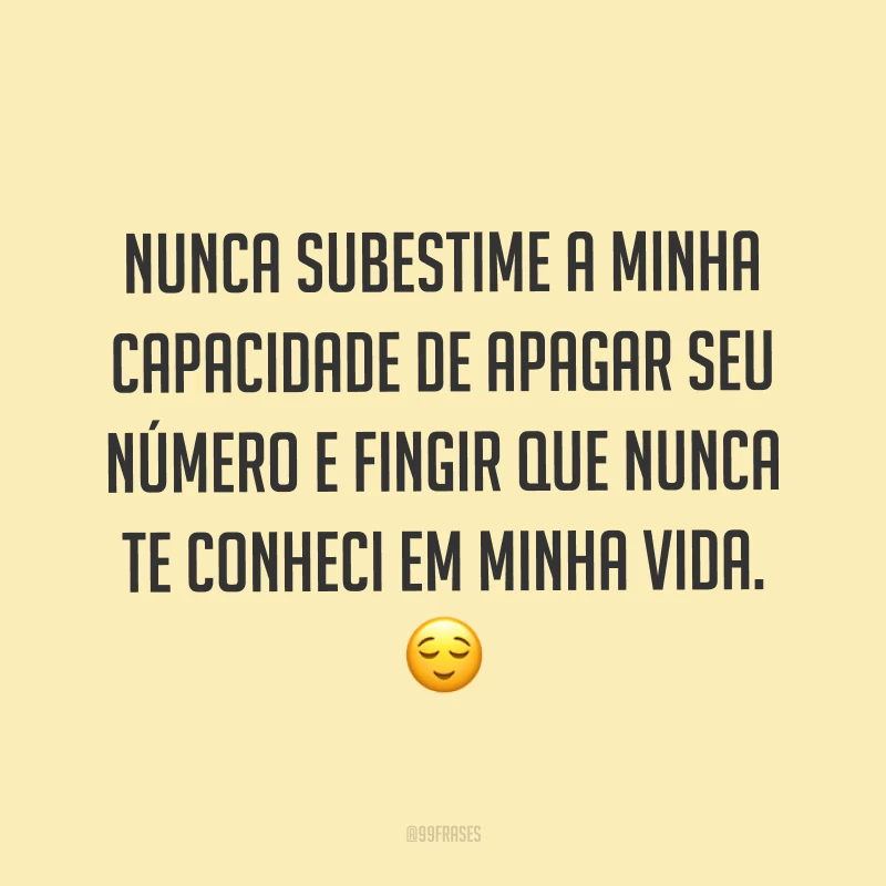 Nunca subestime a minha capacidade de apagar seu número e fingir que nunca te conheci em minha vida. ?