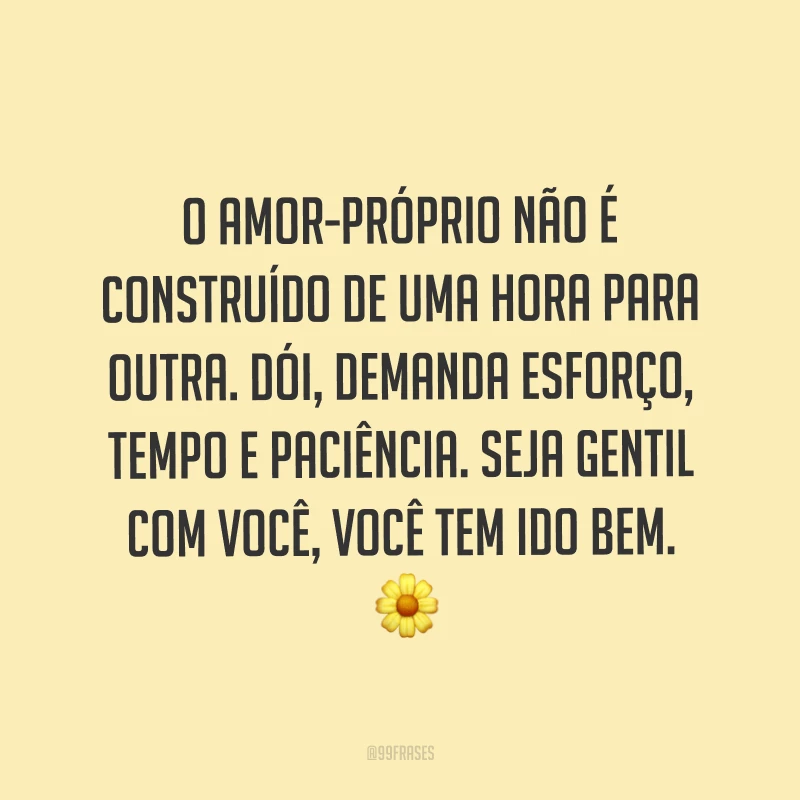 O amor-próprio não é construído de uma hora para outra. Dói, demanda esforço, tempo e paciência. Seja gentil com você, você tem ido bem. ?